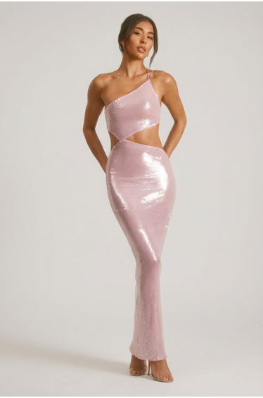 Sheer Sequin One Shoulder Cut Out Maxi Dress in Lilac