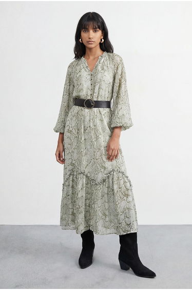 Petite Snake Print Ruffle Detail Belted Maxi Dress