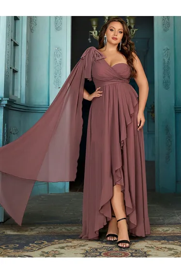 QOQ Pink Chiffon One-Shoulder Plus Size Dress
