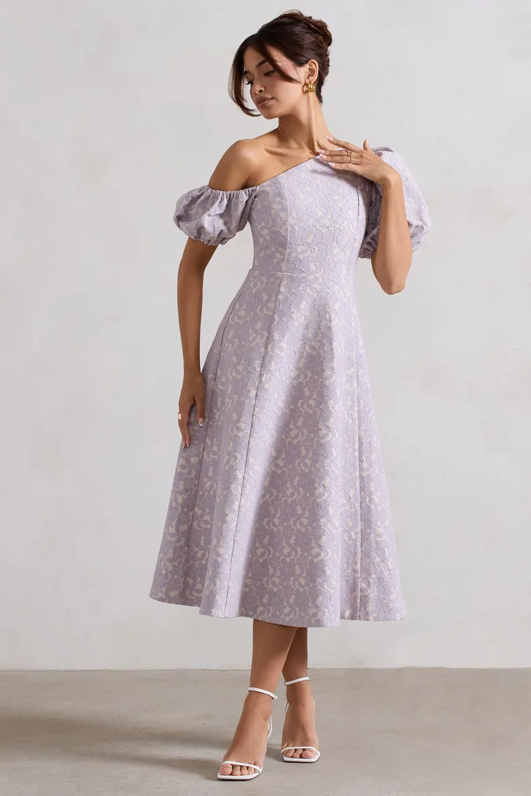Shop Lottie | Mauve Lace Asymmetric Puff-Sleeve Dress Online in Oman Shop Lottie | Mauve Lace Asymmetric Puff-Sleeve Dress Online in Oman