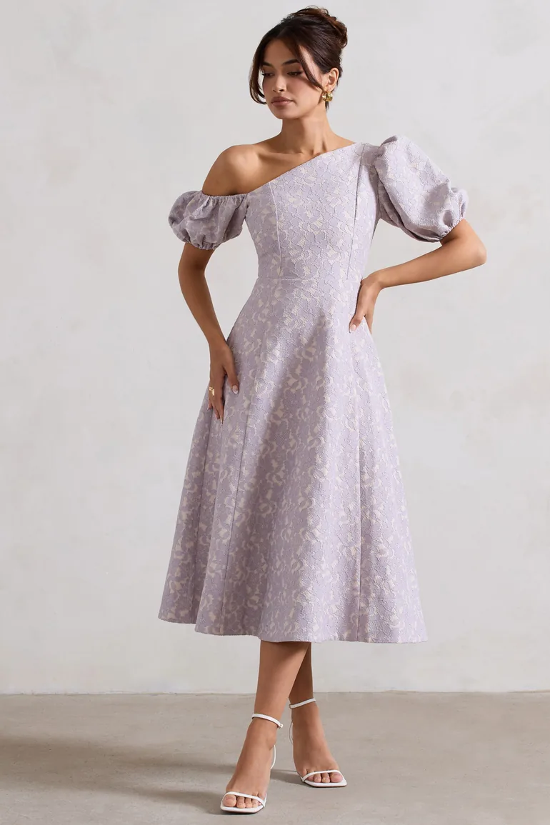 Shop Lottie | Mauve Lace Asymmetric Puff-Sleeve Dress Online in Bahrain Shop Lottie | Mauve Lace Asymmetric Puff-Sleeve Dress Online in Bahrain
