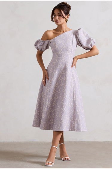 Lottie | Mauve Lace Asymmetric Puff-Sleeve Dress
