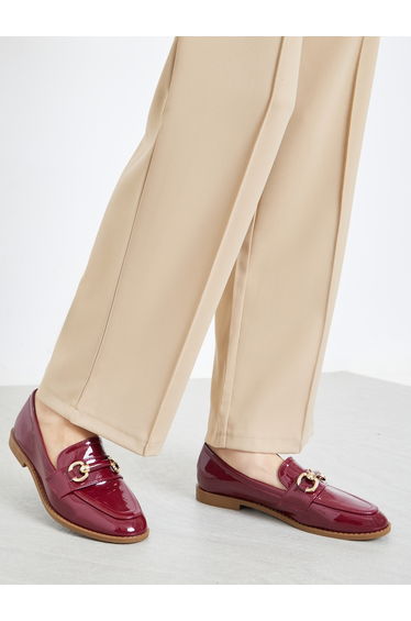 Burgundy Patent Buckle Trim Loafers