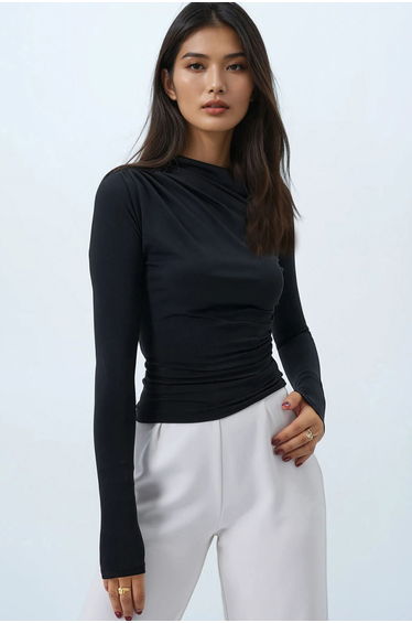 Women's Black Sandy Blouse with Draped Waist and Shoulder Details