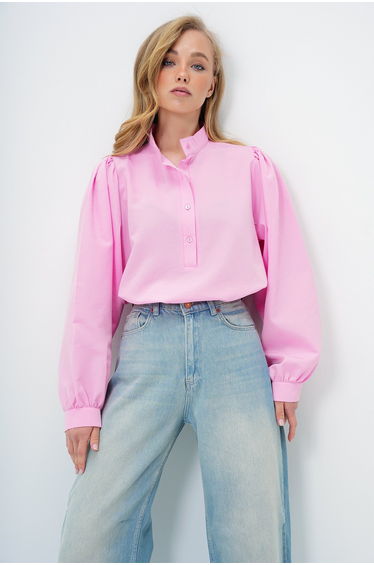 Women Pink Judge Collar Half Placket Balloon Sleeve Poplin Shirt Blouse
