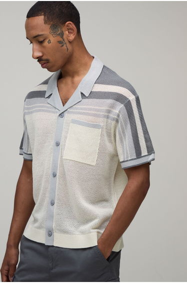 Relaxed Boxy Open Stitch Striped Knitted Shirt - grey