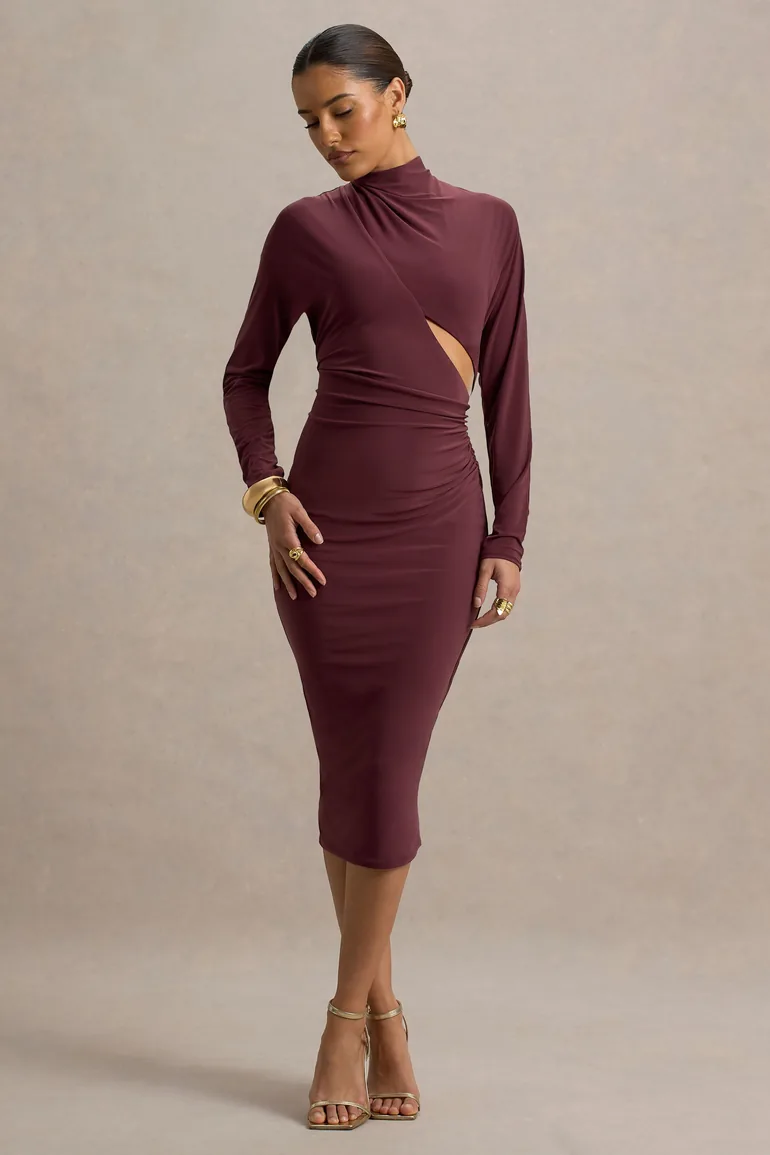 Pandora | Burgundy Long-Sleeve Dress With Cut-Out - 4
