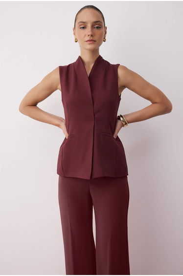 Burgundy Hidden Buttoned Stand-Up Collar Woven Vest