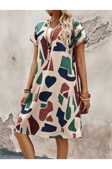 Women Color Block Short Sleeve Knee-Length Dress