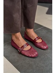 Claret Red Women's Double Belt Detailed Mesh Ballerinas - 3