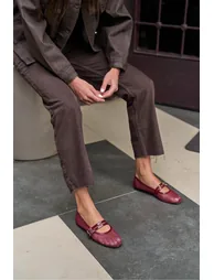 Claret Red Women's Double Belt Detailed Mesh Ballerinas - 2