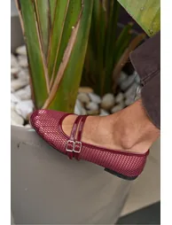 Claret Red Women's Double Belt Detailed Mesh Ballerinas - 4