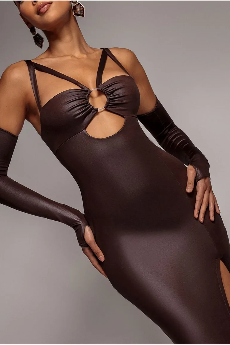 Faux Leather Cut Out Maxi Dress - Brown by Goddiva - 2