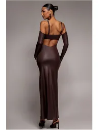 Faux Leather Cut Out Maxi Dress - Brown by Goddiva - 1