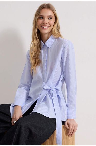 Blue Regular Terrycotton Striped Woven Tie Detail Hijab Shirt