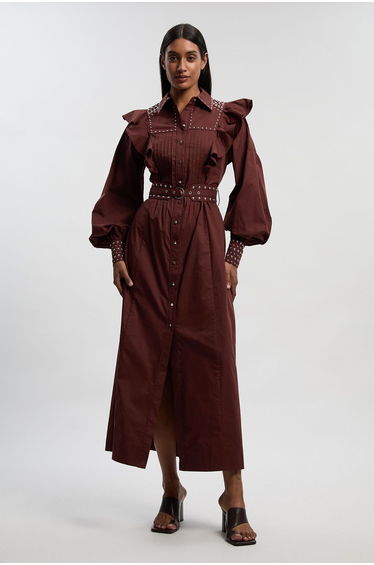 Cotton Sateen Drama Sleeve Studded Woven Maxi Shirt Dress