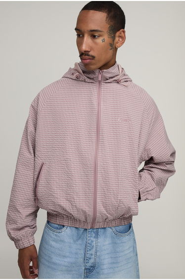 Oversized Boxy Check Hooded Toggle Cagoule - pink