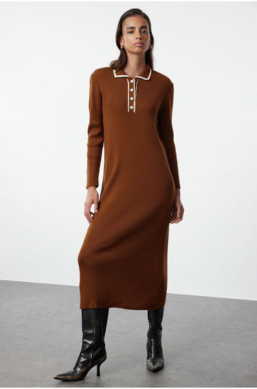 Brown Collared Polo Neck Knit Dress