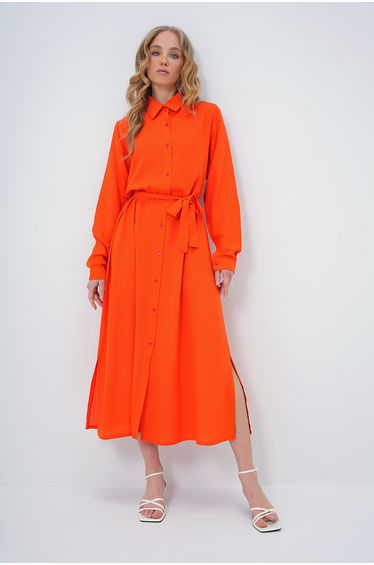 Women's Orange Woven Viscose Shirt Dress