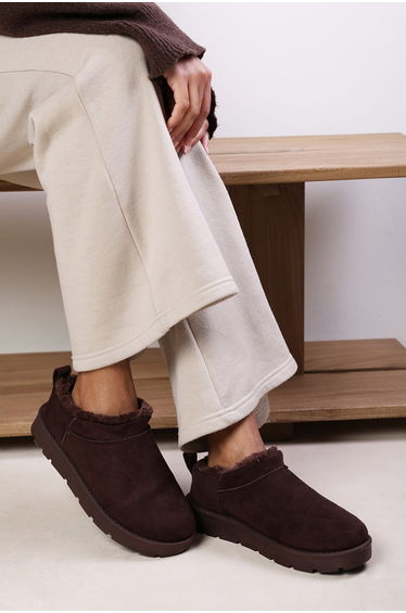 Avara Cosy Brown Fur Lined Suede Micro Ankle Mules