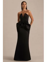 Sonata | Black Satin Bandeau Maxi Dress With Bow Detail - 4