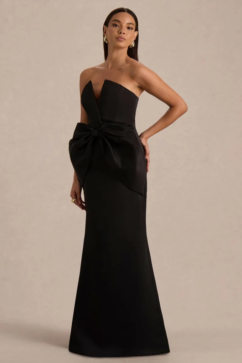 Sonata | Black Satin Bandeau Maxi Dress With Bow Detail - 3