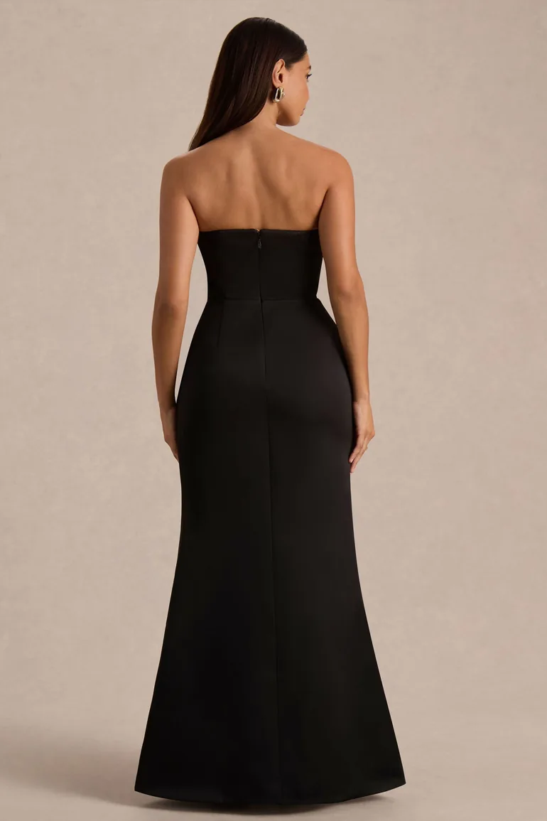 Sonata | Black Satin Bandeau Maxi Dress With Bow Detail - 1