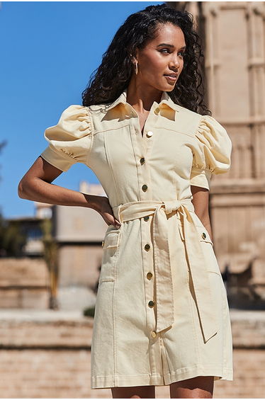 Yellow Puff Sleeve Belted Denim Dress