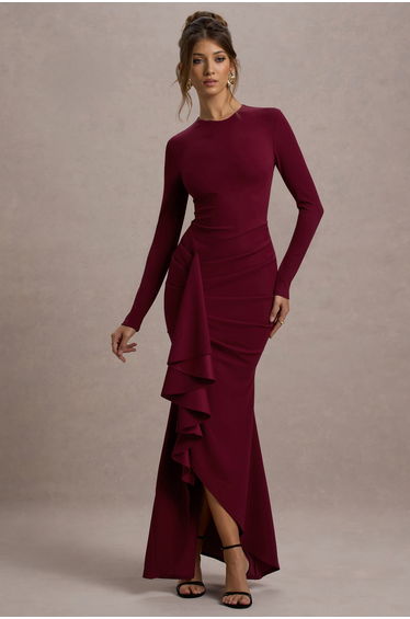 Alayna | Berry Long-Sleeve Floor Length Dress With Ruffled Split