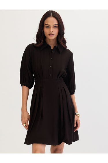 Black Shirt Mini Dress with Fold Pleat Detail