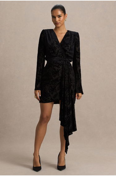 Vicenta | Black Velvet Devore Plunge-Neck Wrap Mini Dress