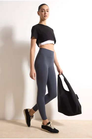 Anthracite Soft Brushed Fabric Reflective Print Detailed Full Length Knitted Sports Tights