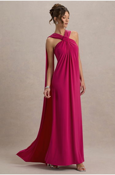 Ariana | Pink Cross-Neck Maxi Dress With Cape