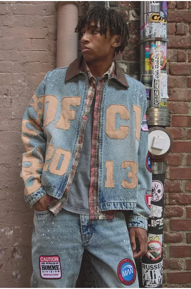 Oversized Boxy Paint Splatter Applique Denim Jacket - antique blue