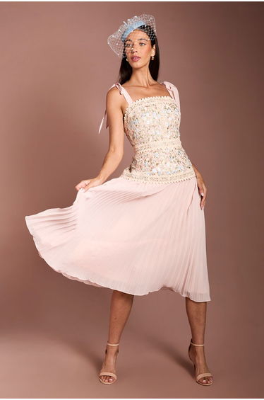 Lisa Tan Embroidered Mesh Pleated Skirt Midi Dress