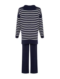 Navy Blue Striped Collar With Tie Detailed Sweater-Pants - 7