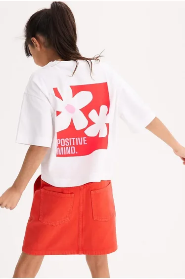 Crew Neck T-Shirt with Slogan and Flowers Print On Back