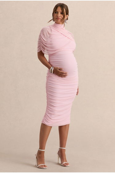 Aderyn | Light Pink High-Neck Maternity Midi Dress With Sheer Cape Sleeves