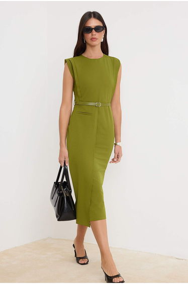 Oil Green Belt Detailed Woven Midi Dress