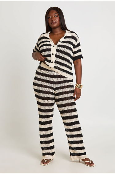 Plus Crochet Knit Stripe Beach Trouser - black
