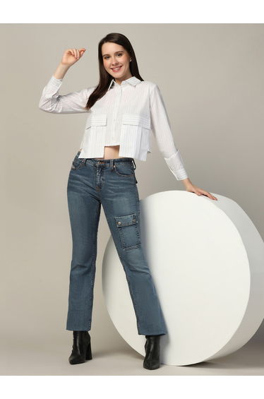 White Striped Crop Shirt with Overlap Pocket