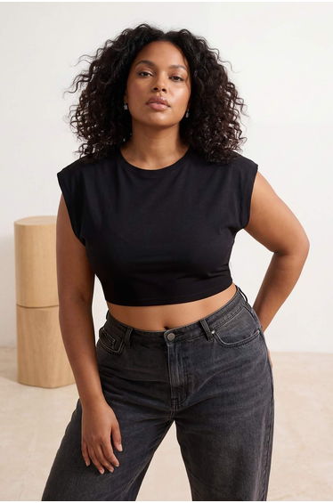Black Viscose Ribana Super Crop Basic Knitted Plus Size Blouse