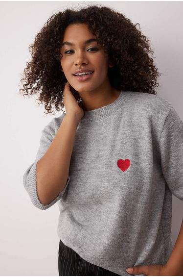 Gray Heart Embroidered Thin Knit Sweater