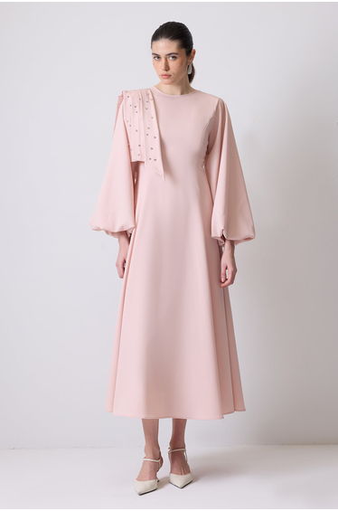 STONE EMBROIDERED BALLOON SLEEVED DRESS