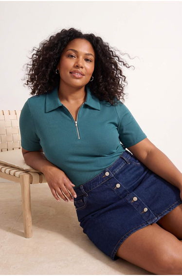 Petrol Zipper Polo Neck Ribbed Knit Knitted Plus Size Blouse