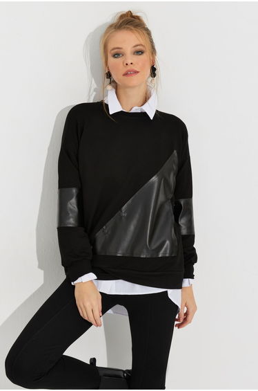Women's Black Leather Block Sweathirt