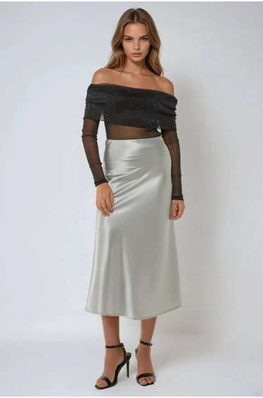 High-Waist Satin Midi Skirt