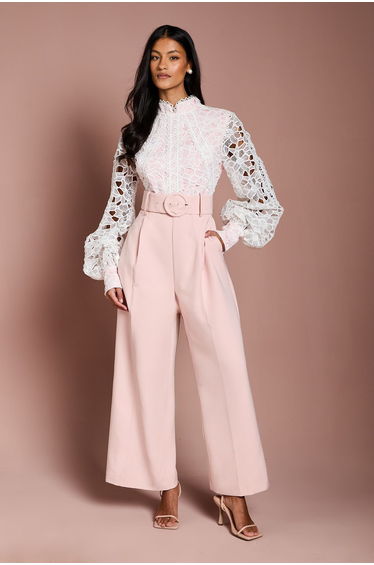 Petite Organza Lace Belted Long Sleeve Jumpsuit