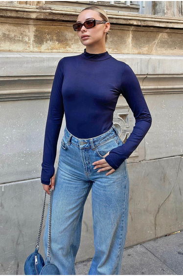 Navy Blue Poi Finger Detailed Half Fisherman Women's Body Blouse
