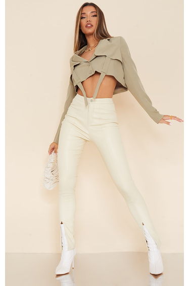 Cream Split Hem Faux Leather Skinny Trousers